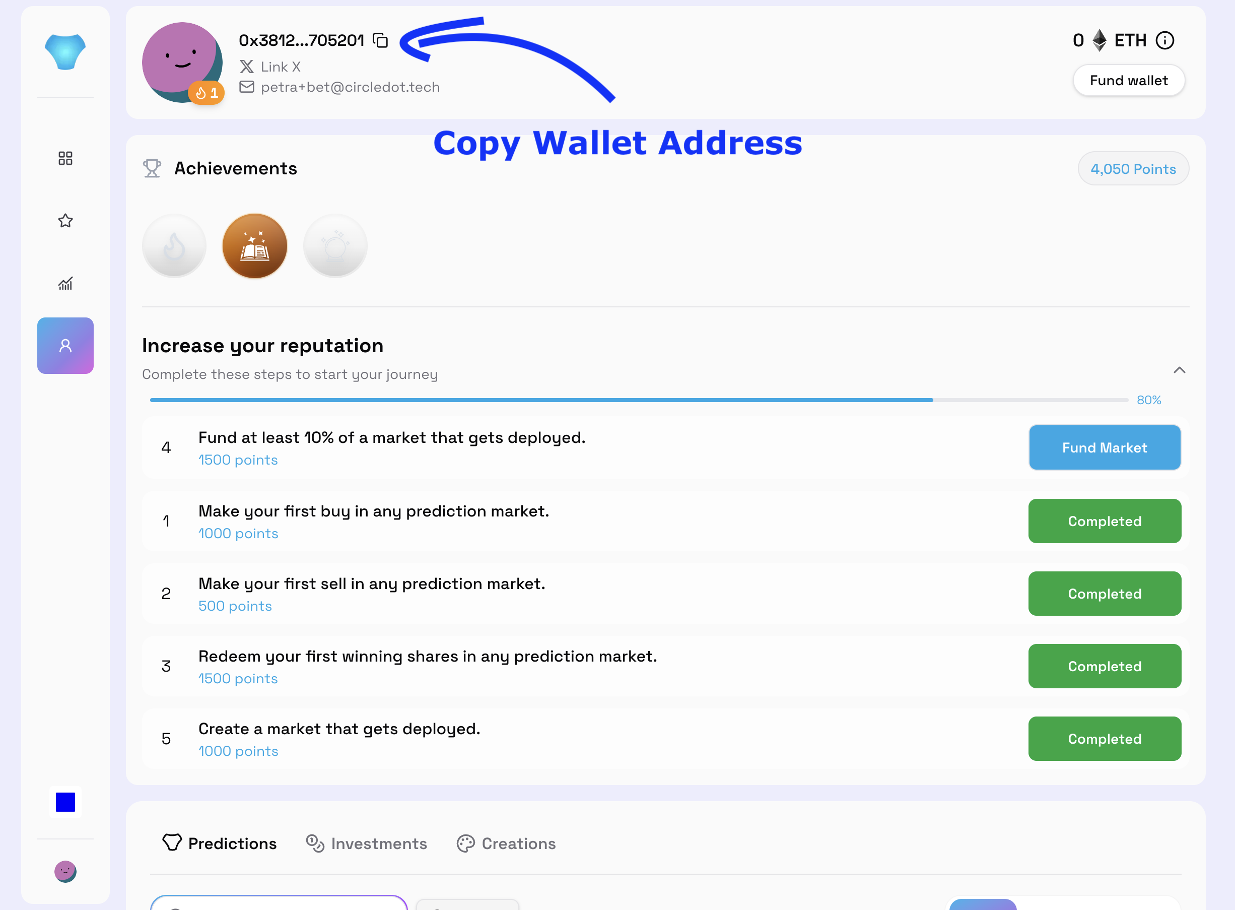 Precog profile page showing where to copy your wallet address